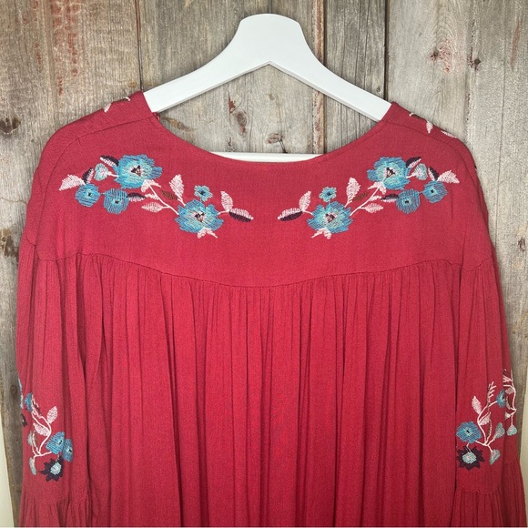 Free People Te Amo Red Floral Embroidered Dress Boho Flare Sleeve Flowy Small - Picture 10 of 16